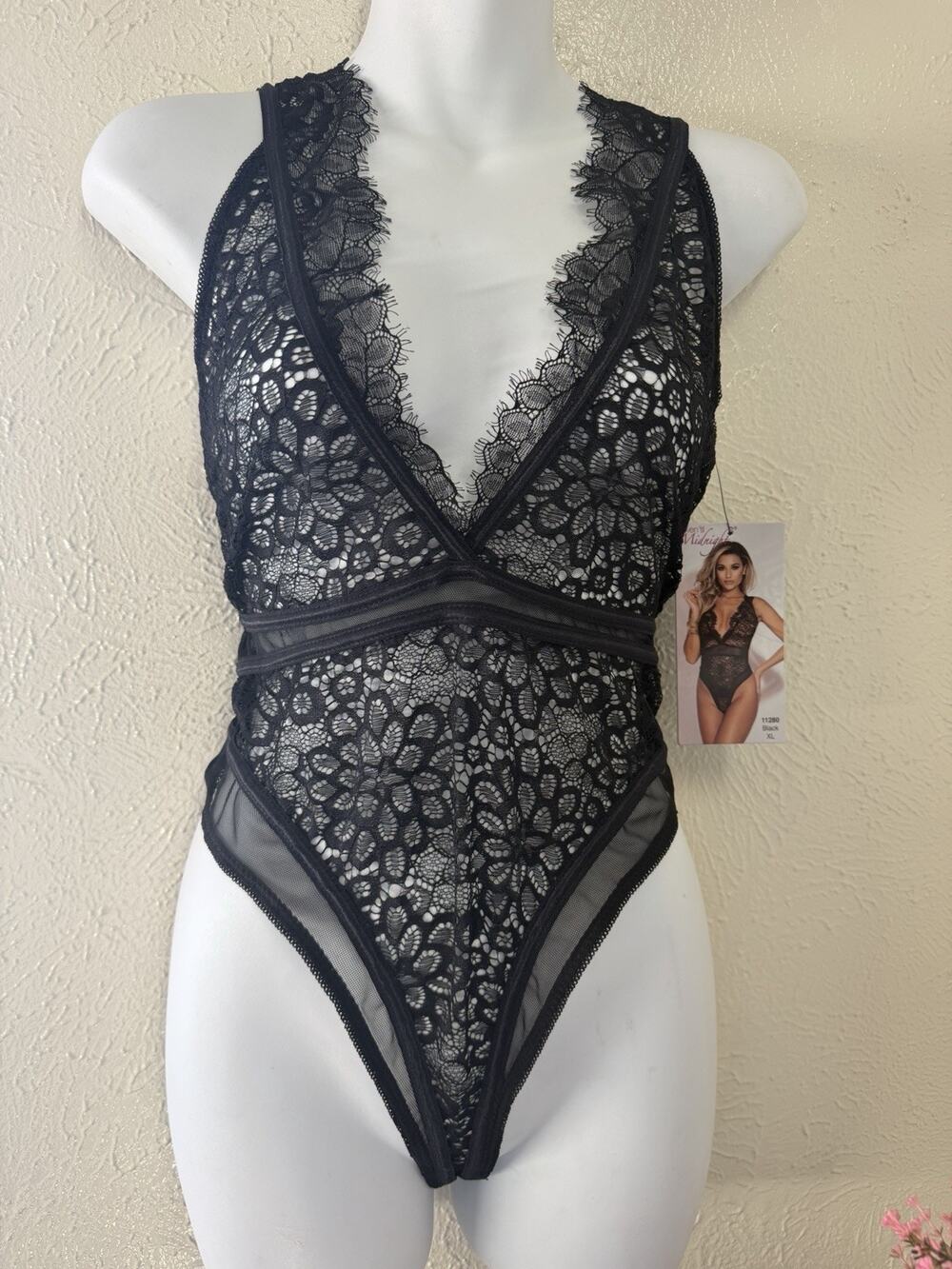 Seven 'til Midnight XL Black Temptation Lace Wire-Free Eyelash Romper Lingerie